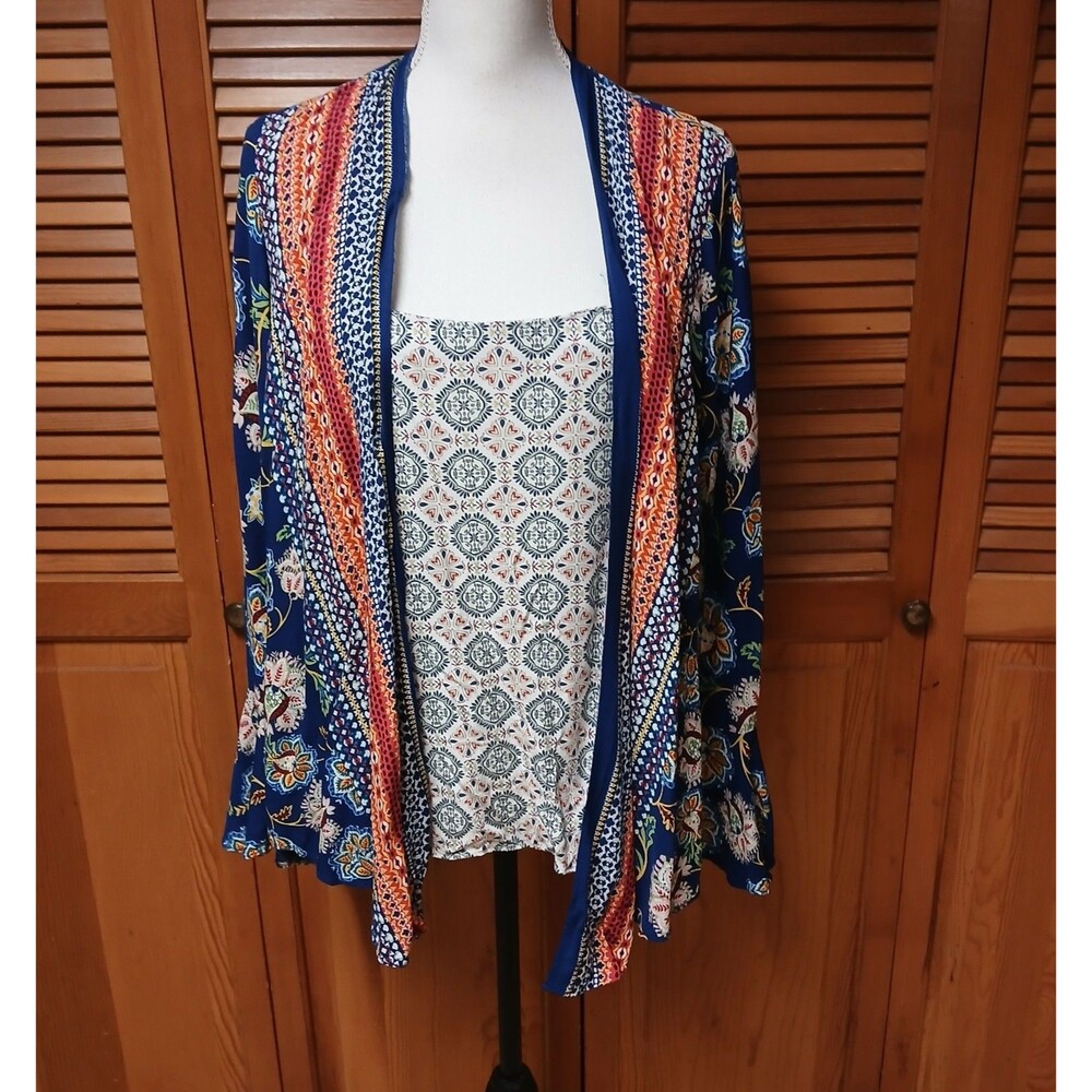 Anthropologie Fig & Flower Boho Blouse/Open Cardigan Mixed Floral Pattern Large